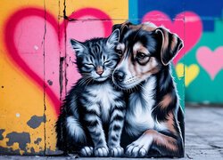 Street Art, Kot, Pies, Serce, Mural, Grafika, AI