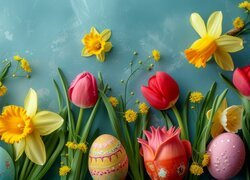 Wielkanoc, Pisanki, Kwiaty, Narcyzy żonkile, Tulipany