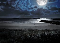 Morze, Plaża, Noc, Księżyc