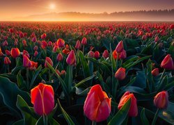 Pole czerwonych tulipanów o wschodzie słońca