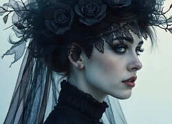 Kobieta, Półprofil, Czarny, Welon, AI