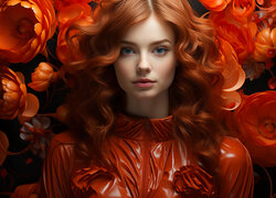 Pomarańczowe kwiaty i rudowłosa kobieta