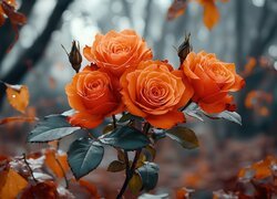 Pomarańczowe, Róże, Liście