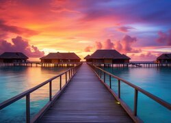 Pomost, Domki, Morze, Zachód słońca, Atol Addu, Malediwy