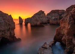 Portugalia, Algarve, Morze, Wybrzeże, Skały, Ponta da Piedade, Zachód słońca