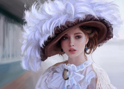 Portret kobiety w kapeluszu z piórami