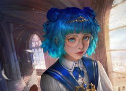 Postać w okularach o niebieskich włosach z gry Legend of The Cryptids