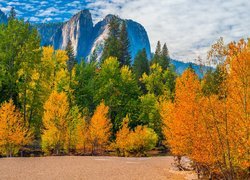 Stany Zjednoczone, Kalifornia, Park Narodowy Yosemite, Jesień, Drzewa, Góry, Chmury