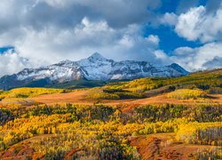 Jesień, Góry, Góra, Wilson Peak, Wzgórze, Lasy, Pożółkłe, Drzewa, Chmury, Kolorado, Stany Zjednoczone