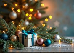 Boże Narodzenie, Choinka, Prezent, Bombki