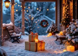 Zima, Śnieg, Ławki, Prezenty, Lampiony, Krzewy, Boże Narodzenie