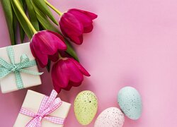Wielkanoc, Kwiaty, Tulipany, Prezenty, Wstążki, Jajka