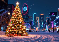 Boże Narodzenie, Choinka, Miasto, Wieżowce, Neony, Zima