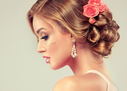 Blondynka, Kobieta, Upięte, Włosy, Róże, Profil, Kolczyk