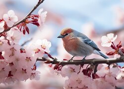 Ptak na gałązce z różowymi kwiatkami