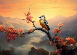 Ptak na ukwieconej gałązce na tle zachodu słońca nad górami