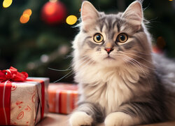 Puszysty kotek obok prezentów