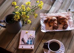 Kompozycja, Kawa, Rogaliki, Żółte, Kwiaty, Notes