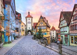 Miasto, Rothenburg ob der Tauber, Bawaria, Niemcy, Uliczka, Kolorowe, Domy