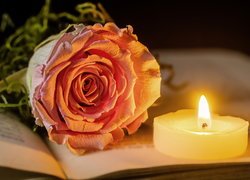 Róża i świeca na otwartej książce