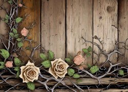 Róże i suche konary przy deskach