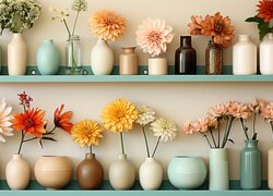 Różne kwiaty w kolorowych wazonach na półkach