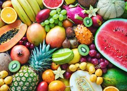 Arbuzy, Ananas, Winogrona, Śliwki, Melony, Banany, Cytryny, Granat, Pomarańcza, Kiwi, Owoce