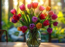 Różnokolorowe tulipany w szklanym wazonie
