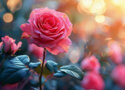 Różowa róża na rozświetlonym rozmytym tle