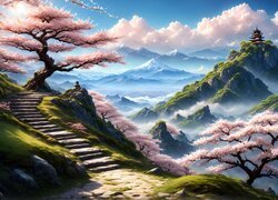 Góry, Różowe, Drzewa, Schody, Mgła, Chmury, Grafika