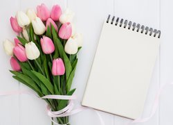 Różowe, Białe, Tulipany, Bukiet, Wstążka, Notes