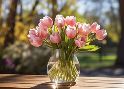 Różowe i rozświetlone tulipany w szklanym wazonie