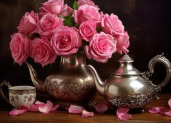 Różowe róże w dzbanku obok czajnika i filiżanki