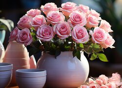 Różowe róże w wazonie na stole obok doniczek