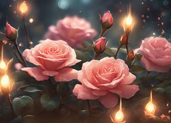 Różowe róże z pąkami w blasku światła