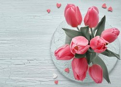 Różowe, Tulipany, Serduszka, Drewno