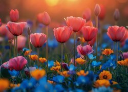 Różowe tulipany wśród innych kolorowych kwiatów