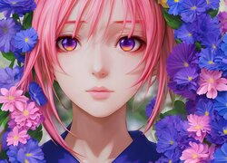 Dziewczyna, Różowe, Włosy, Kwiaty, Anime