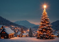 Zima, Noc, Boże Narodzenie, Choinki, Gwiazda, Wieś, Ośnieżone, Domy, Las, Góry