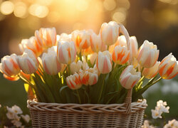 Rozświetlone dwukolorowe tulipany w koszyku