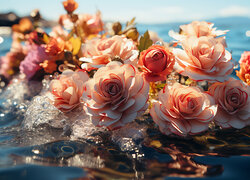 Rozświetlone kolorowe róże w wodzie