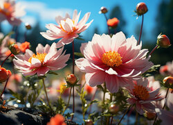 Rozświetlone różowe kwiaty i pąki na tle nieba