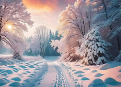 Rozświetlone słońcem ośnieżone drzewa przy zasypanej śniegiem drodze