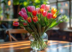Rozświetlone światłem kolorowe tulipany w szklanym wazonie na stole