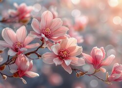 Rozświetlone światłem kwiaty magnolii na gałązkach