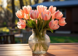 Rozświetlone tulipany w szklanym wazonie na stole
