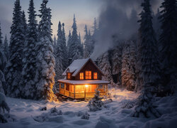 Rozświetlony drewniany dom w zimowym lesie
