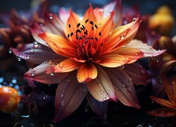Rozświetlony pomarańczowy kwiat z kroplami wody