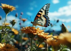 Rozświetlony światłem kolorowy motyl na żółtych kwiatach