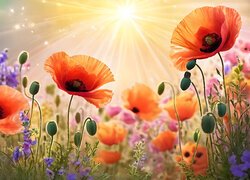 Czerwone, Maki, Kwiaty, Grafika